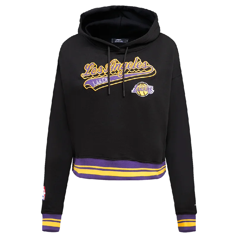 NBA LOS ANGELES LAKERS SCRIPT TAIL WOMEN'S RIB FLC CROPPED PO HOODIE (BLACK/PURPLE)