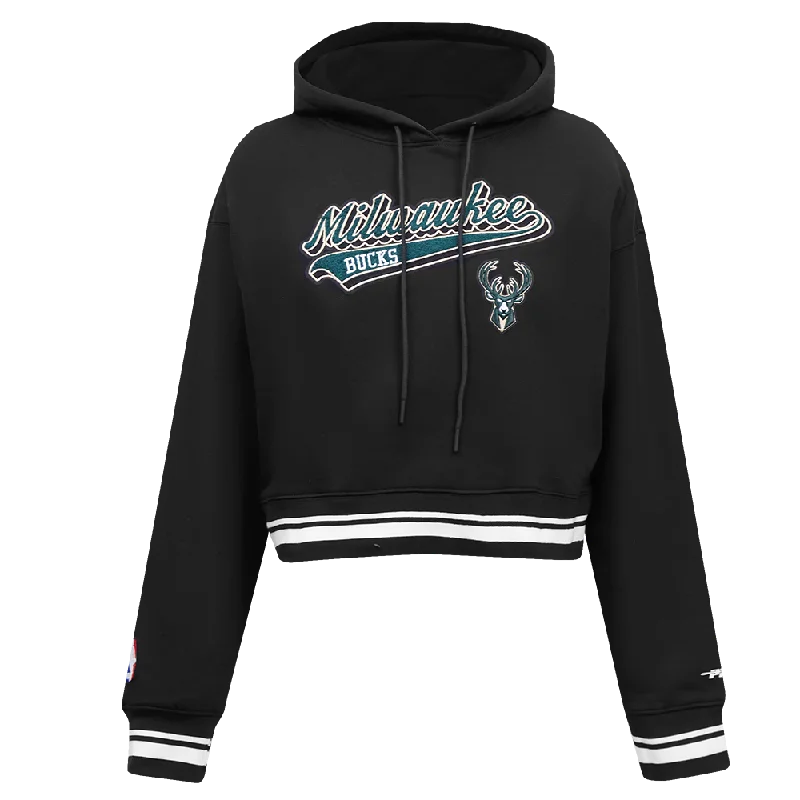 NBA MILWAUKEE BUCKS SCRIPT TAIL WOMEN'S RIB FLC CROPPED PO HOODIE (BLACK)