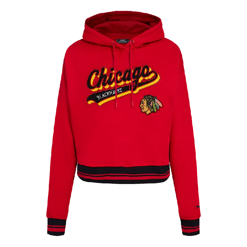 NHL CHICAGO BLACKHAWKS SCRIPT TAIL WOMEN'S RIB FLC CROPPED PO HOODIE (RED/BLACK)