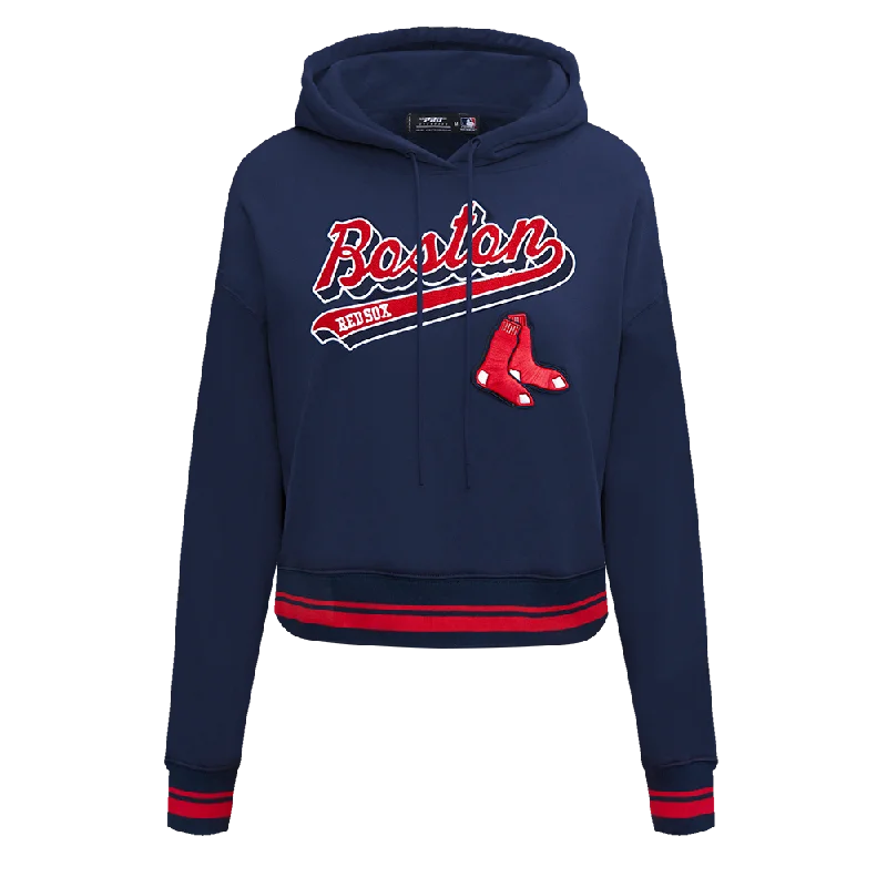 MLB BOSTON RED SOX SCRIPT TAIL WOMEN'S RIB FLC CROPPED PO HOODIE (MIDNIGHT NAVY/RED/MIDNIGHT NAVY)