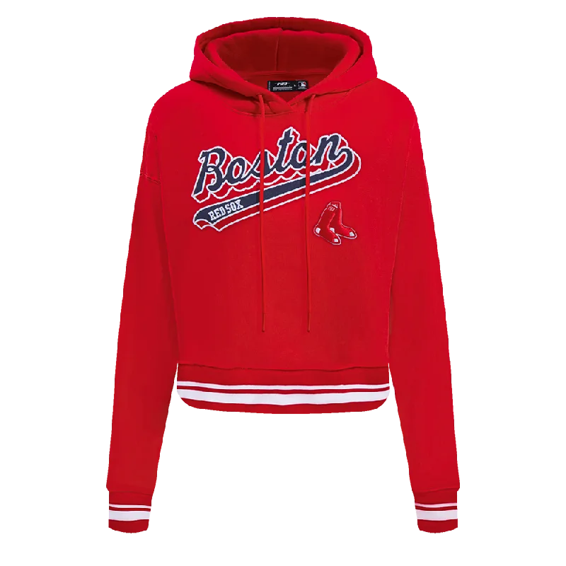 MLB BOSTON RED SOX SCRIPT TAIL WOMEN'S RIB FLC CROPPED PO HOODIE (RED)