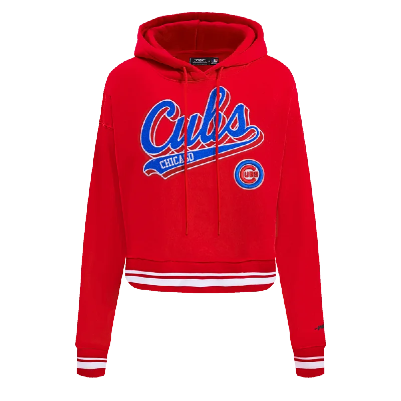 MLB CHICAGO CUBS SCRIPT TAIL WOMEN'S RIB FLC CROPPED PO HOODIE (RED)