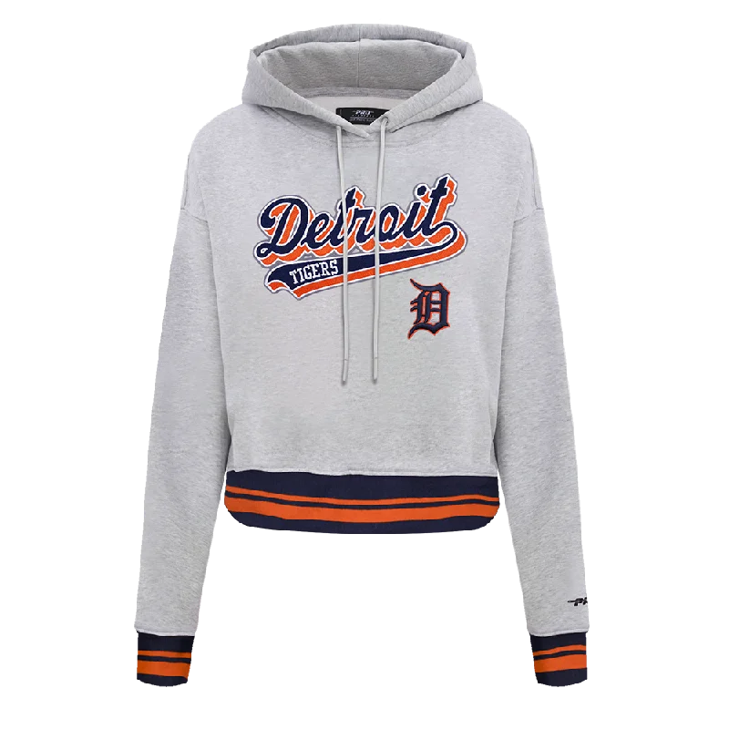 MLB DETROIT TIGERS SCRIPT TAIL WOMEN'S RIB FLC CROPPED PO HOODIE (HEATHER GREY/MIDNIGHT NAVY/ORANGE)