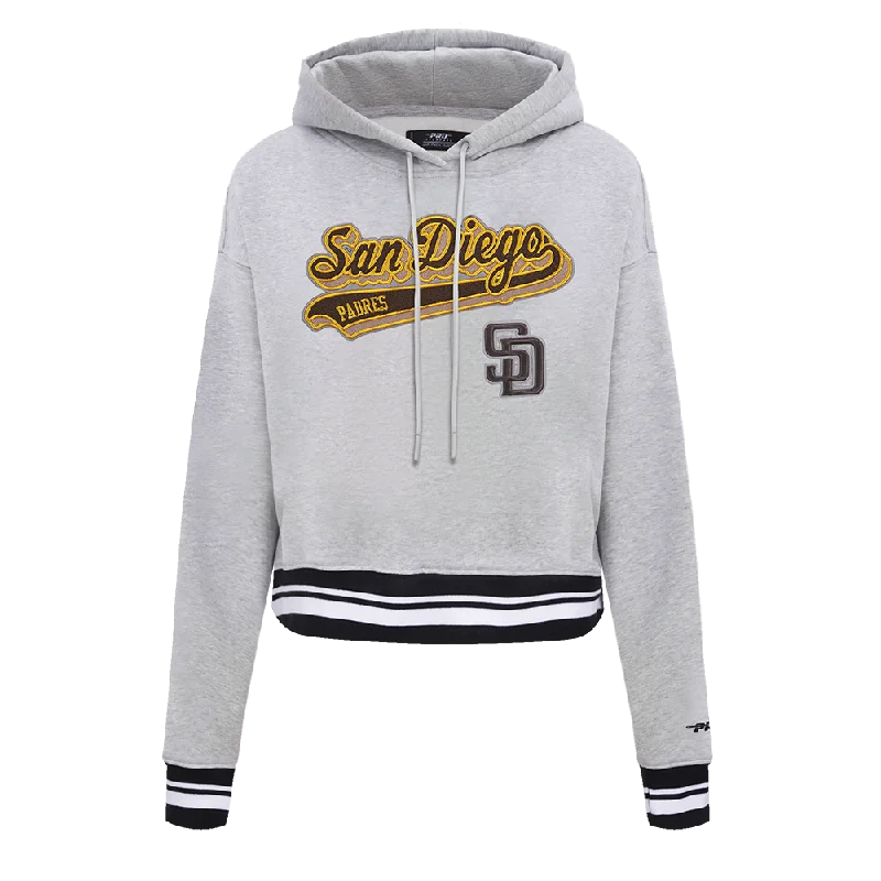 MLB SAN DIEGO PADRES SCRIPT TAIL WOMEN'S RIB FLC CROPPED PO HOODIE (HEATHER GRAY/BLACK)