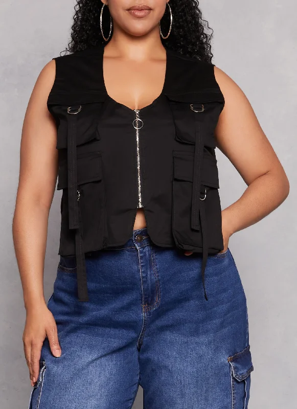 Plus Size Zip Front Cargo Pocket Vest