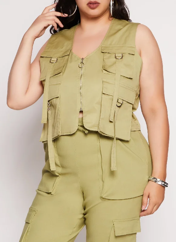 Plus Size Zip Front Cargo Pocket Vest