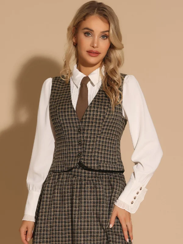 Retro Plaid V Neck Single Breasted Sleeveless Racerback Waistcoat