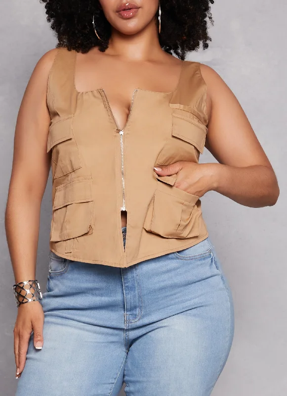 Plus Size Cargo Pocket Zip Front Vest