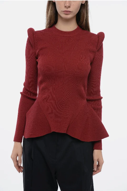 Alexander McQueen Crew Neck Sweater with Padded Shoulders and Peplum Hem