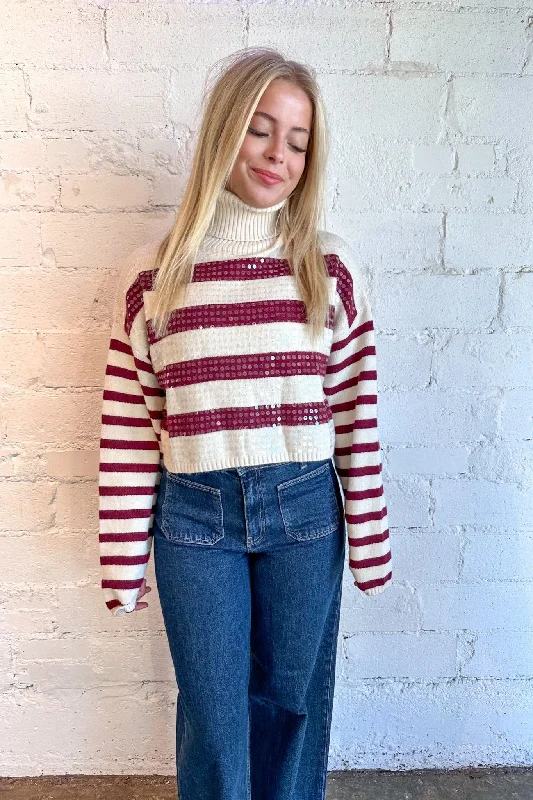 Soft Sequin Stripe Turtleneck Top