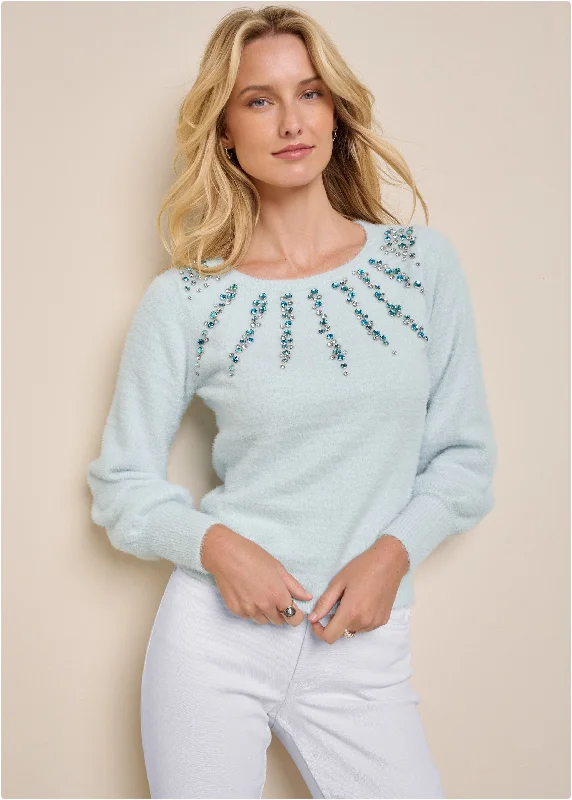 Jeweled Feather-Soft Sweater - Heathered Blue