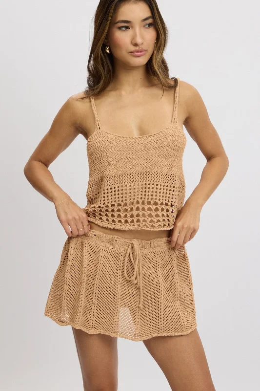 Beige Crochet Skirt Mid Rise Beach Bikini Lined