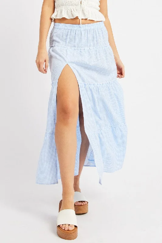 Blue Check Tiered Maxi Slit Skirt