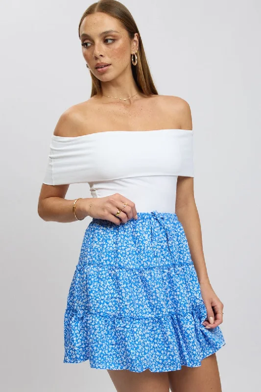 Blue Ditsy Skater Skirt High Rise Tiered Mini Lined