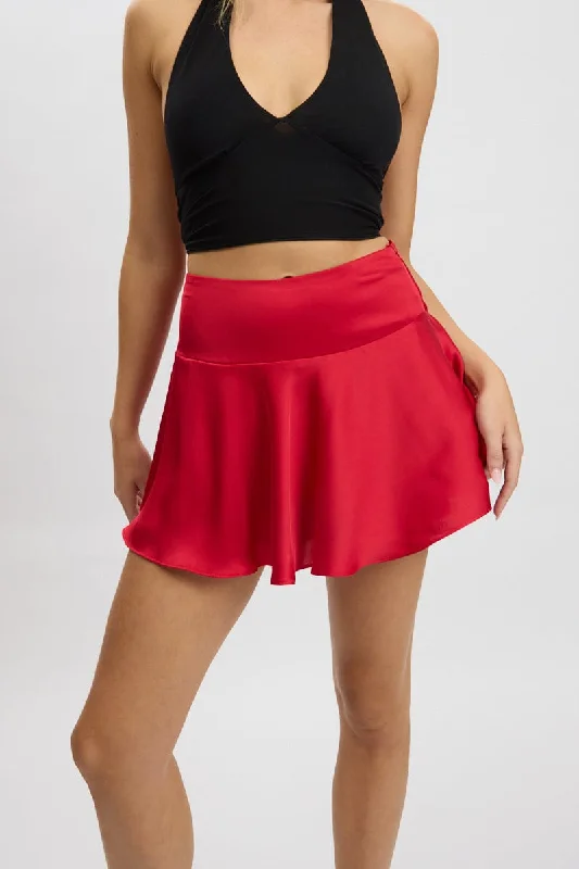 Red Satin Skirt High Rise Mini Flowy Skater