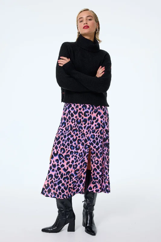 Pink with Blue and Black Shadow Leopard Split Front Skirt