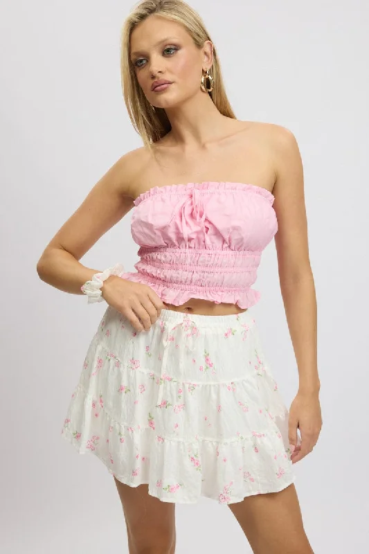 White Ditsy Skater Skirt High Rise Tiered Mini Lined