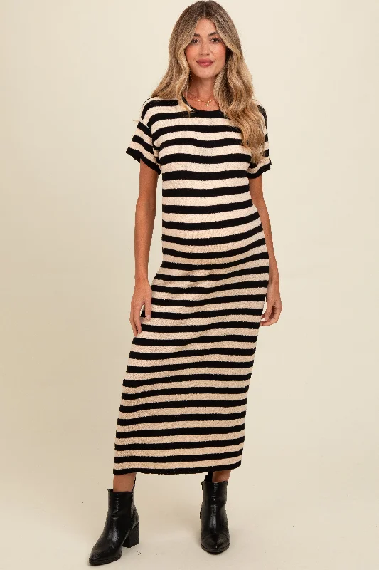 Beige Striped Knit Maternity Midi Dress