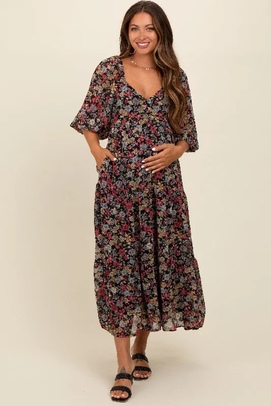 Black Floral Empire Waist Maternity Maxi Dress