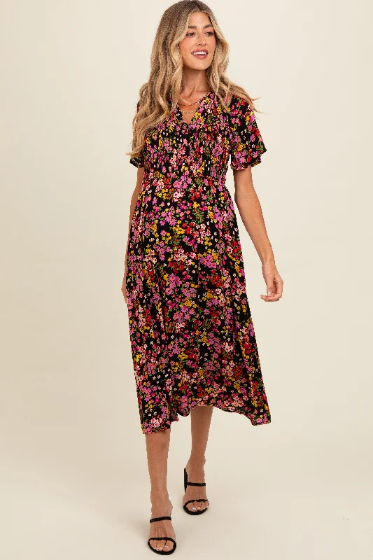 Black Floral Smocked Button Up Maternity Midi Dress