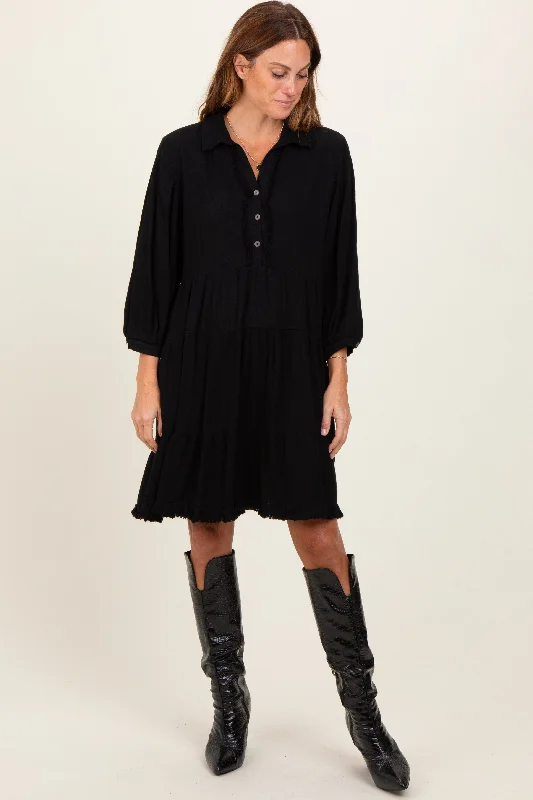 Black Linen Button Up Tiered Dress