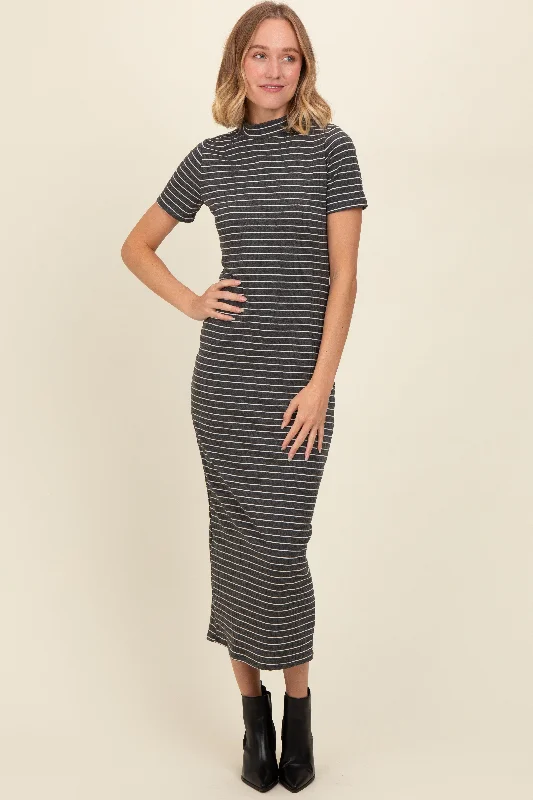 Charcoal Striped Mock Neck Fitted Midi Dress