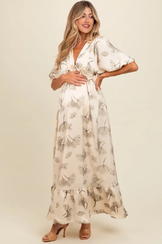 Cream Floral Chiffon Ruffle Accent Maternity Maxi Dress