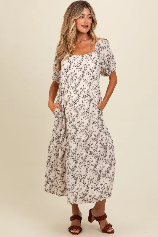 Cream Floral Ruffle Hem Maternity Midi Dress