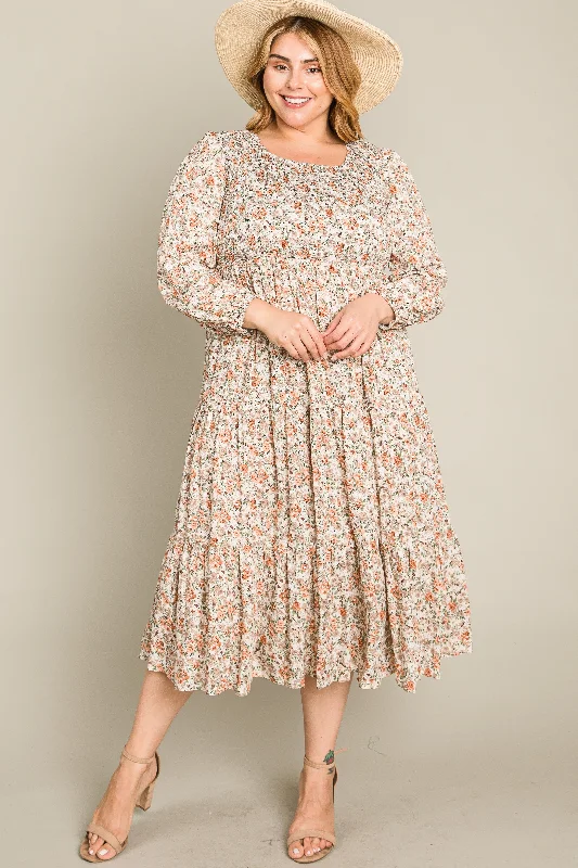 Cream Floral Smocked 3/4 Sleeve Plus Midi Dress