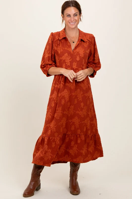 Dark Orange Floral Applique Collared Midi Dress