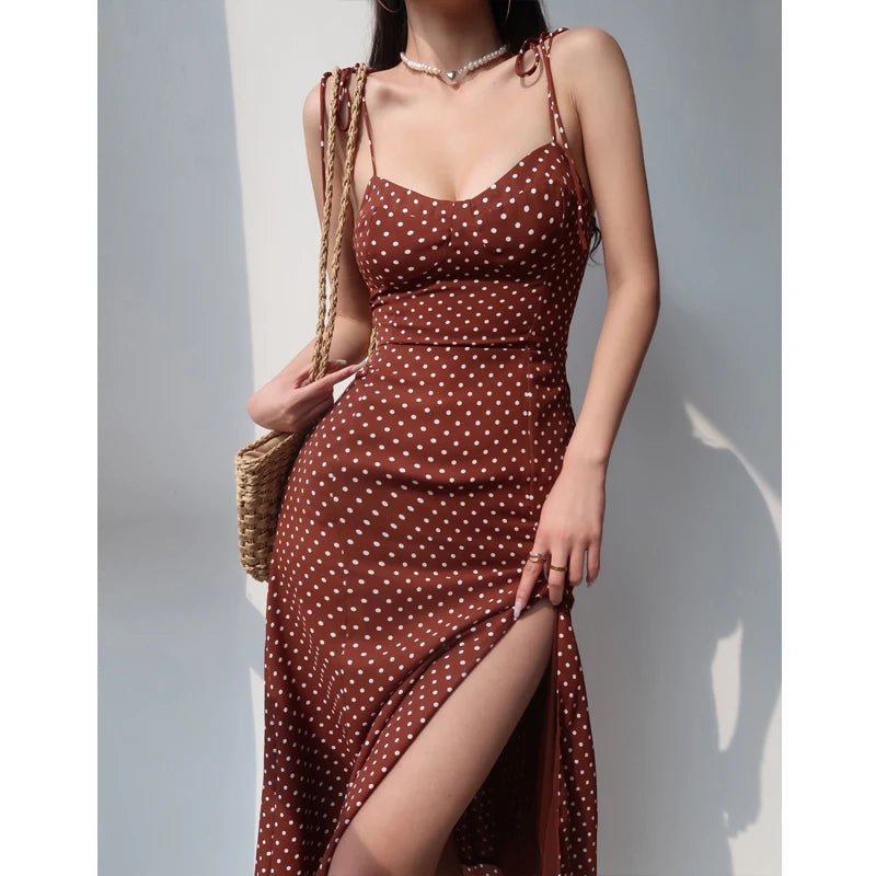 Retro Suspender Dress Women Summer Sexy Slim Fit Slit Beach Style Sleeveless Casual Dress