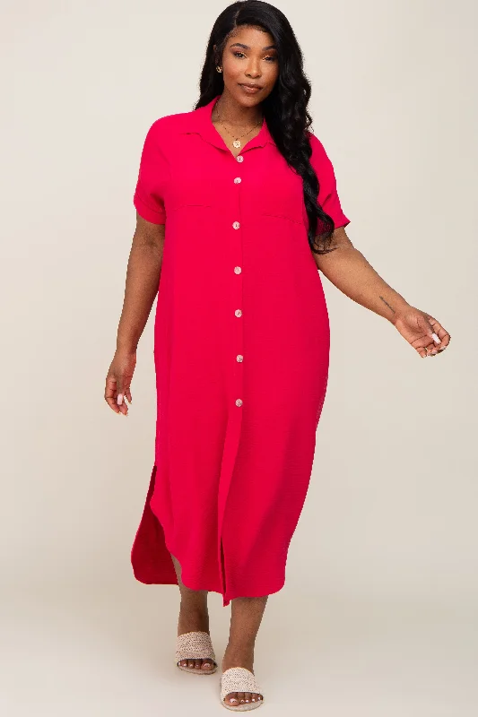 Fuchsia Button Down Hi Low Plus Maxi Dress