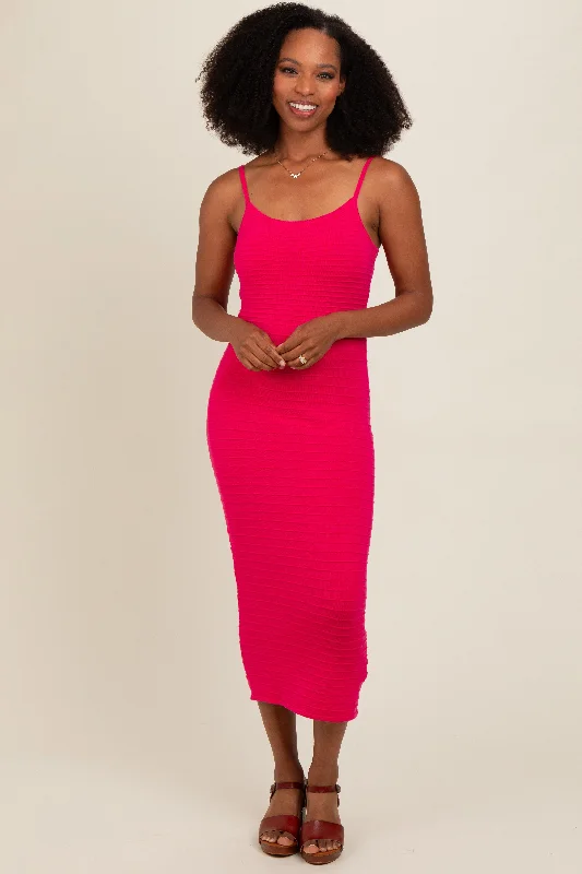 Fuchsia Fitted Spaghetti Strap Midi Dress