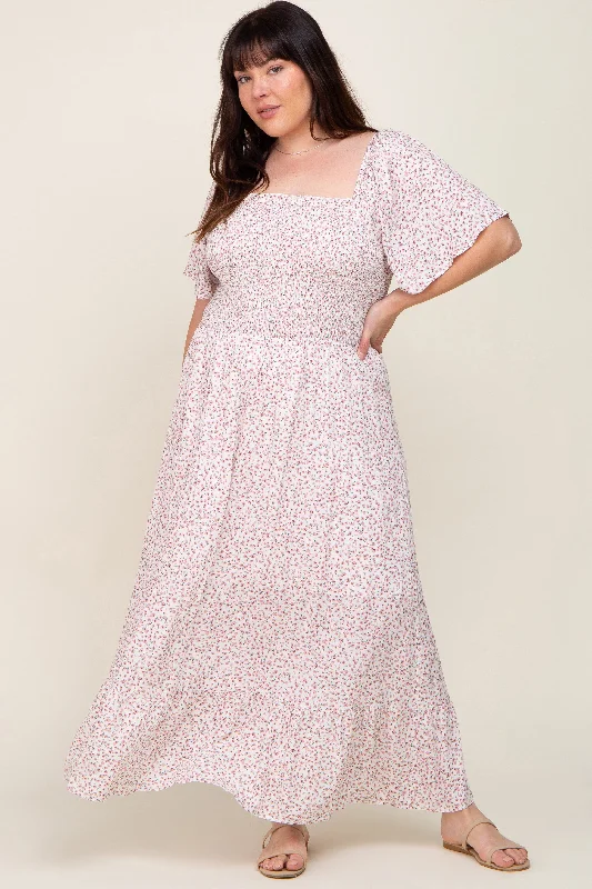 Ivory Floral Smocked Flounce Sleeve Plus Maxi Dress