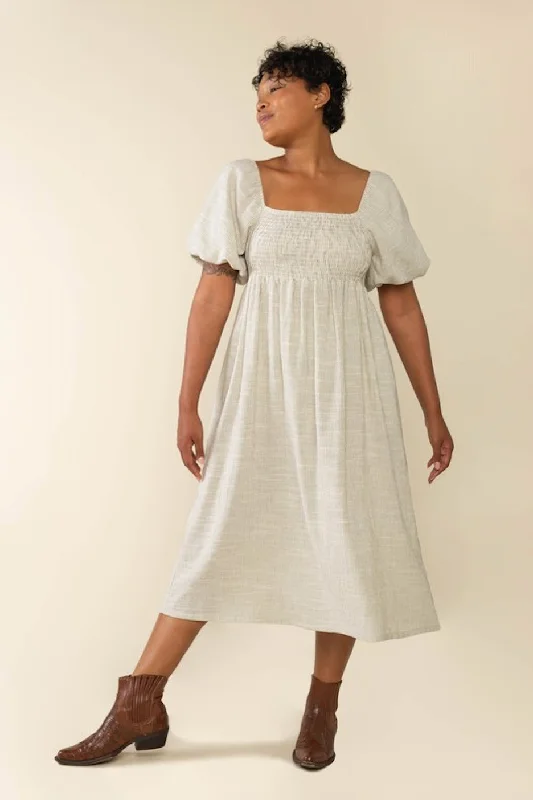 Ivory Striped Linen Smocked Short Puff Sleeve Plus Midi Dress