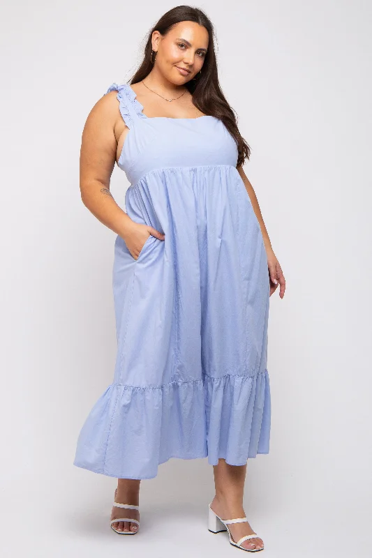 Light Blue Ruffle Strap Back Tie Plus Midi Dress