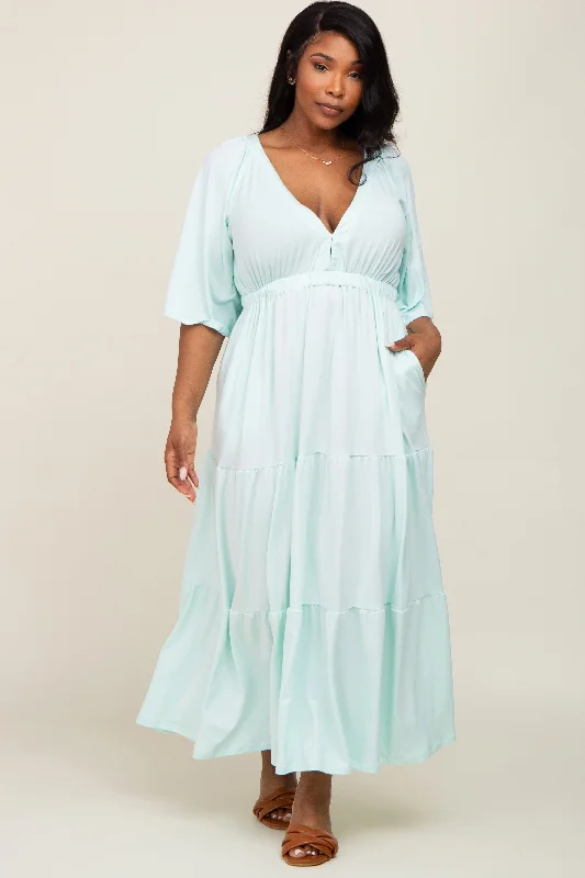 Mint Green Deep V-Neck Tiered Plus Maxi Dress