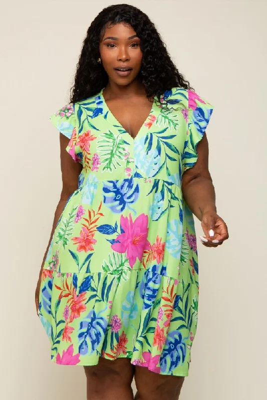 Mint Green Tropical Floral Print Plus Dress