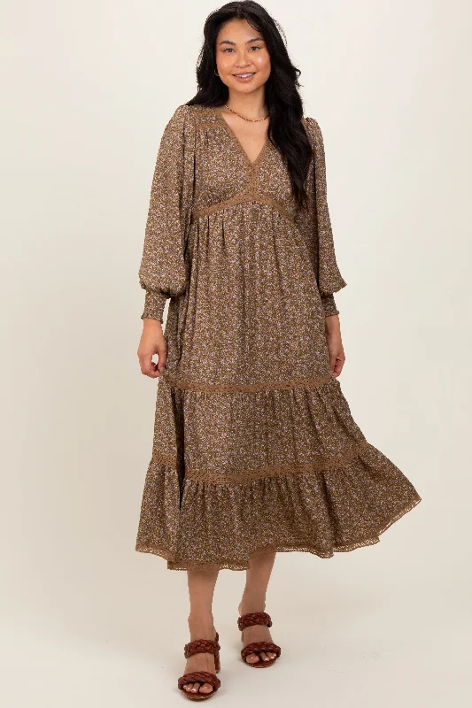 Mocha Floral Lace Trim Bubble Sleeve Maxi Dress