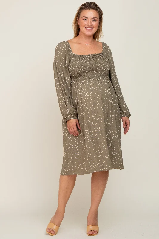 Olive Printed Long Sleeve Plus Maternity Midi Dress