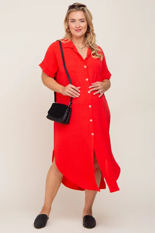 Red Button Down Hi Low Maternity Plus Maxi Dress