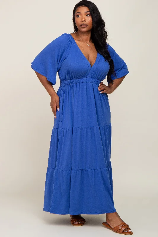 Royal Blue Deep V-Neck Tiered Plus Maxi Dress