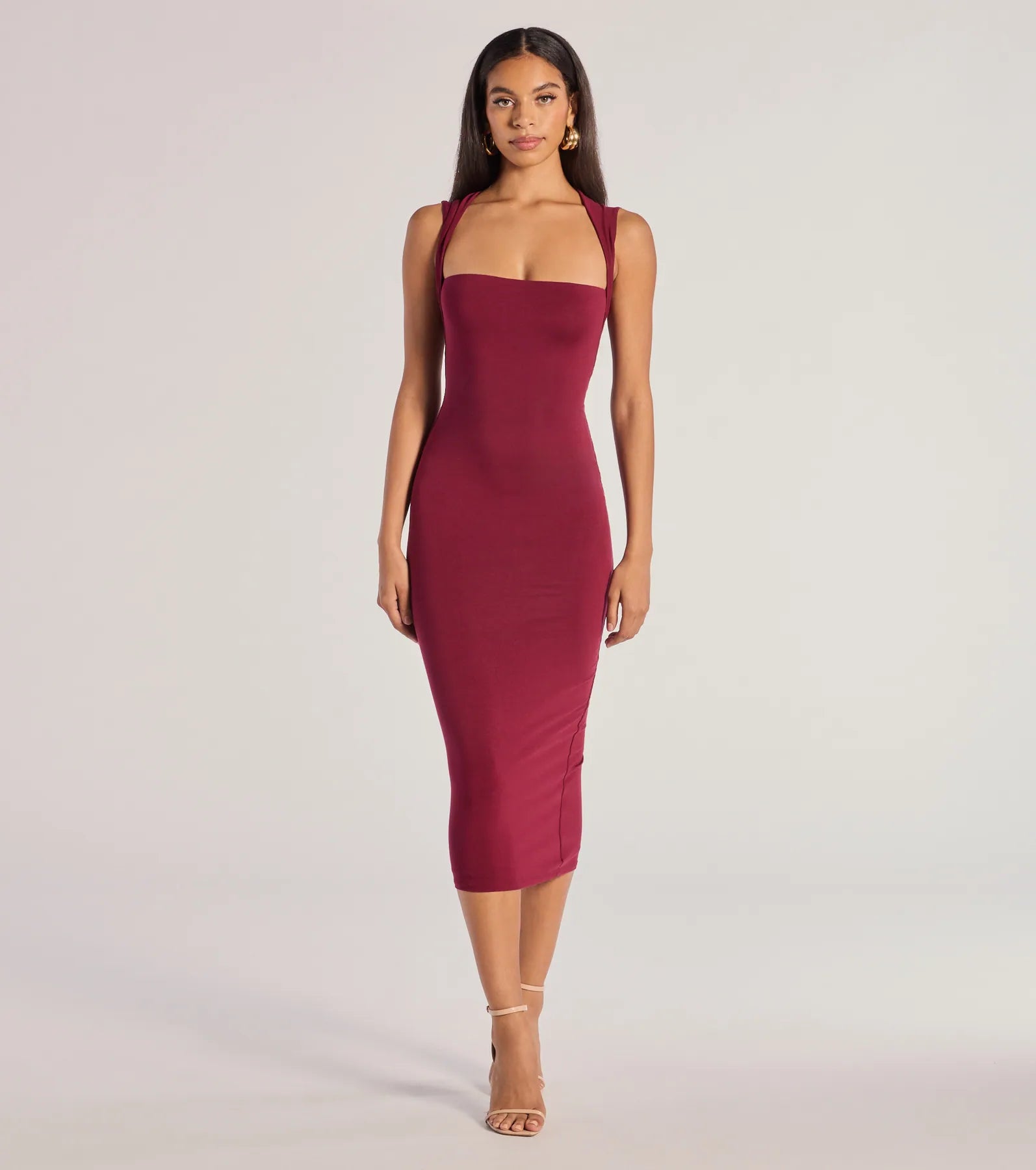 Serving Sleek Square Neck Bodycon Midi Dress