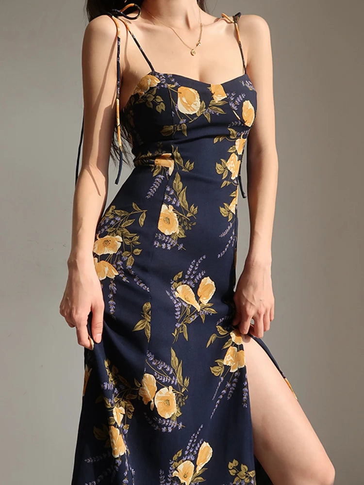 Sleeveless Floral Dress Casual Fashion Slim Fit Sexy Backless Hem Slit Vacation Suspender Printing 2024 New Casual Dress