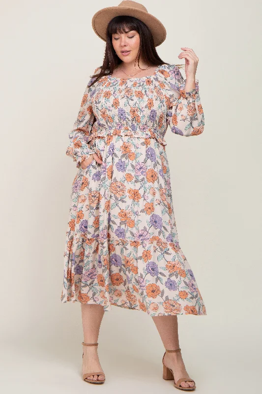 Taupe Multi-Color Floral Plus Midi Dress