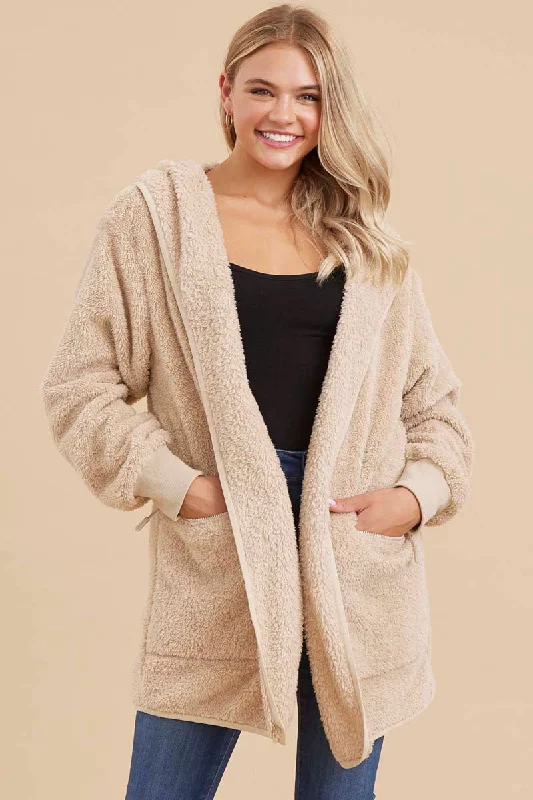 Beige Fuzzy Knit Hooded Jacket