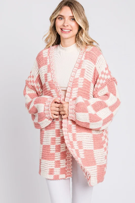 Mauve Checkered Oversized Chunky Knit Cardigan