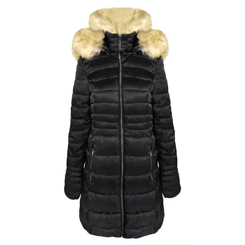 Women's Quilted Faux Fur Hood Puffer Jacket Coat In Black